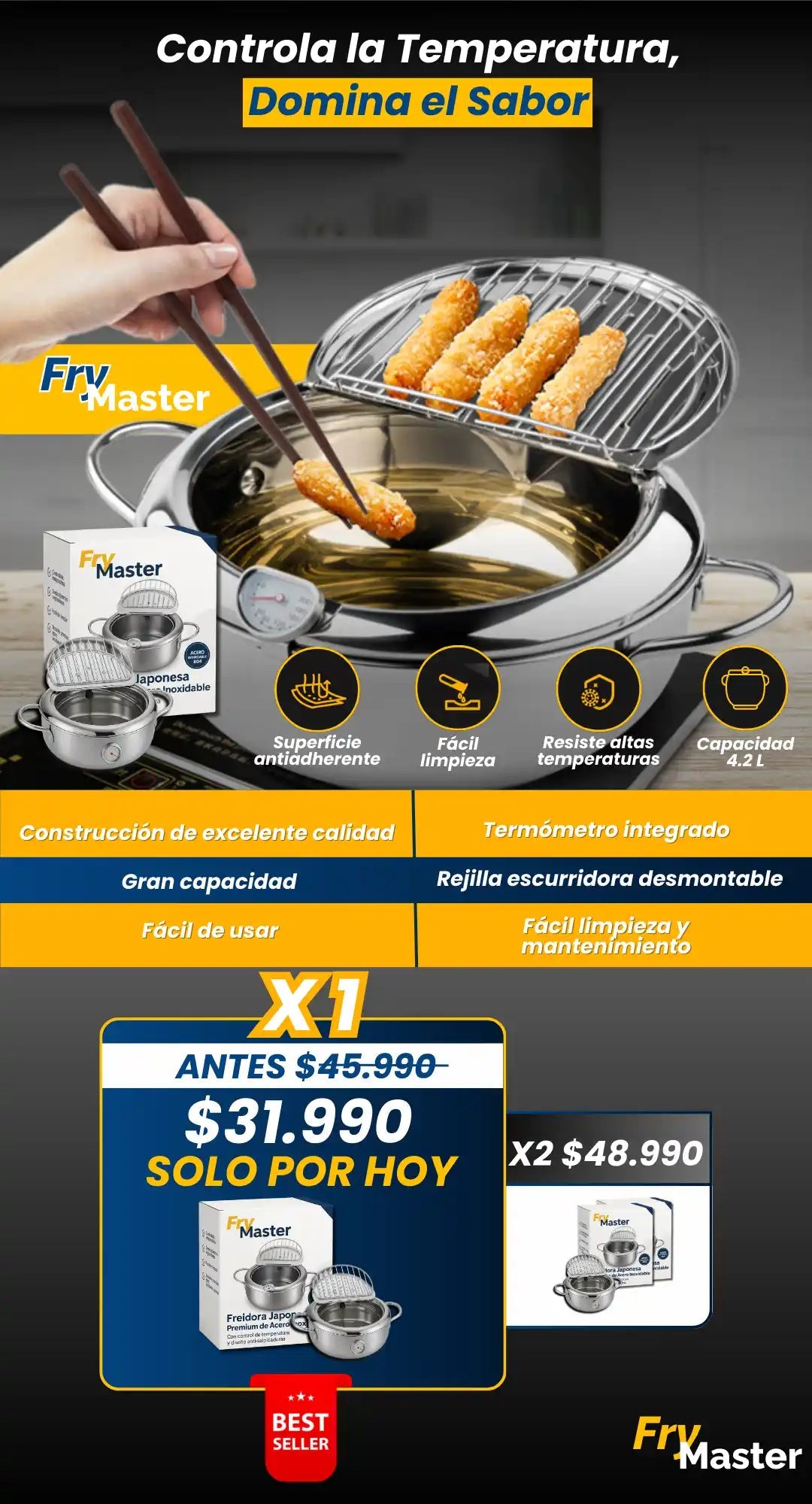 FryMaster® - Olla Freidora Anti Salpicadas con Acero Inox. + Anti Adherente - Goldenfy Chile