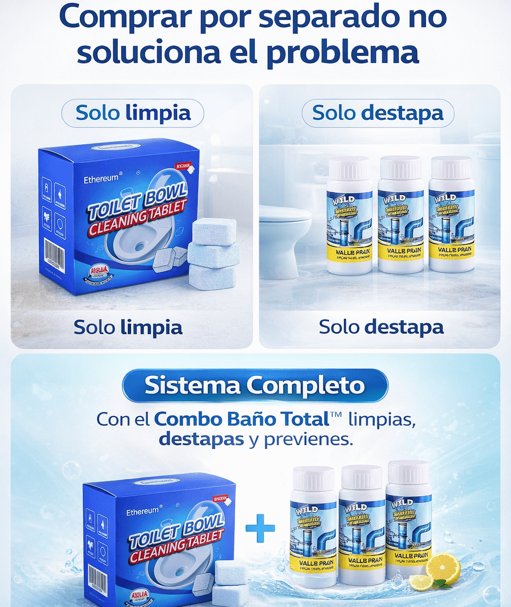 Kit TornaClean™ Mantén tu baño limpio, sanitizado y sin tapaduras (3 destapa cañerías + 6 pastillas limpieza & desinfección profunda)