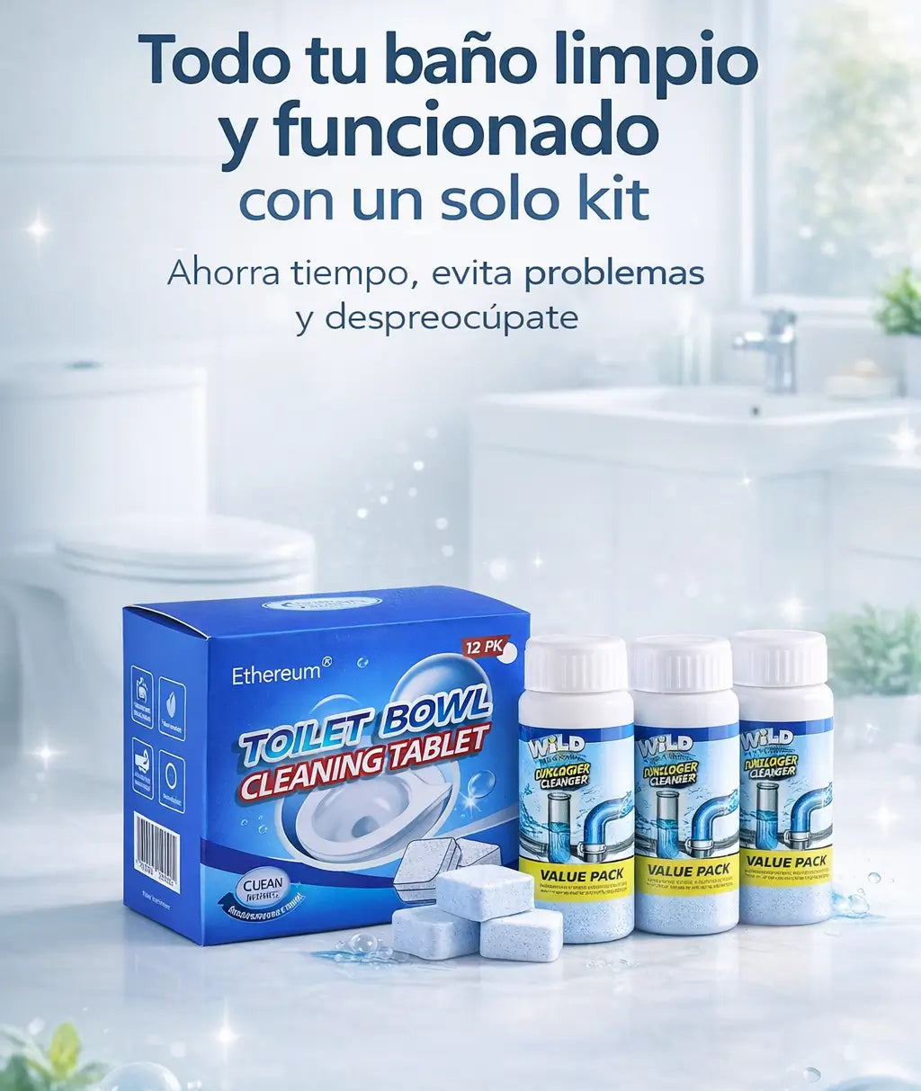 Kit TornaClean™ Mantén tu baño limpio, sanitizado y sin tapaduras (3 destapa cañerías + 6 pastillas limpieza & desinfección profunda)